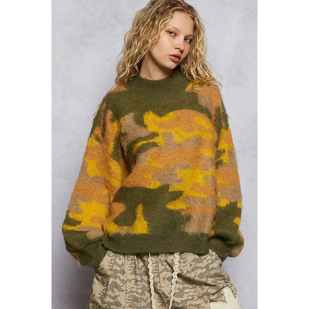POL Camouflage Wool Blend‎ Fuzzy Mock Neck Balloon Sleeve Sweater L